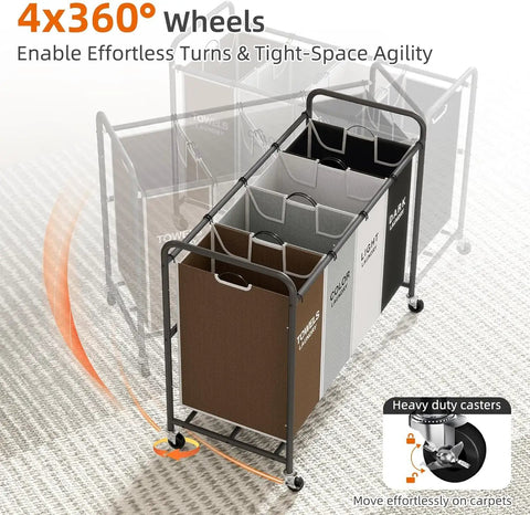 Heavy Duty Four Section Laundry Hamper Sorter Cart With Labeled Mesh Storage Bags Rock Solid Frame And Smooth Locking Wheels Straight Up The Ultimate Laundry Day Lifesaver For Hella Organized Closets And Bedrooms