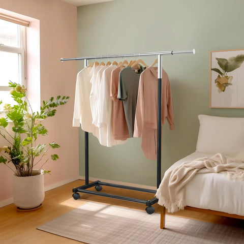 Heavy Duty Steel Clothing Rack With Extensible Top Rod And Chrome Accents In Slick Black Paint Built Solid For Dorm Life And Cramped Closets Easy Setup Rack To Hang All Your Threads Stress Free
