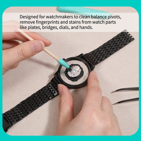 Pro Grade Watch Cleaning Putty Kit For Precision Movement Cleanup And Dial Dust Removal with willow sticks and adhesive tools in use