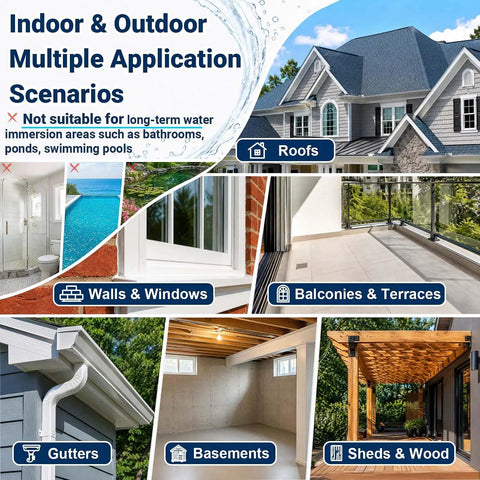 Indoor and outdoor application scenarios for Heavy Duty Clear Waterproof Sealant 5 Gallon Water Based Flexible Coating.