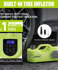 Electric car jack kit with built-in tire inflator, lime-green 5-ton 12V hydraulic jack and LCD display.