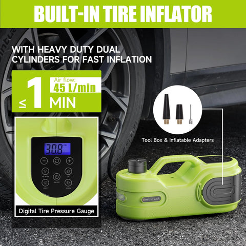 Electric car jack kit with built-in tire inflator, lime-green 5-ton 12V hydraulic jack and LCD display.