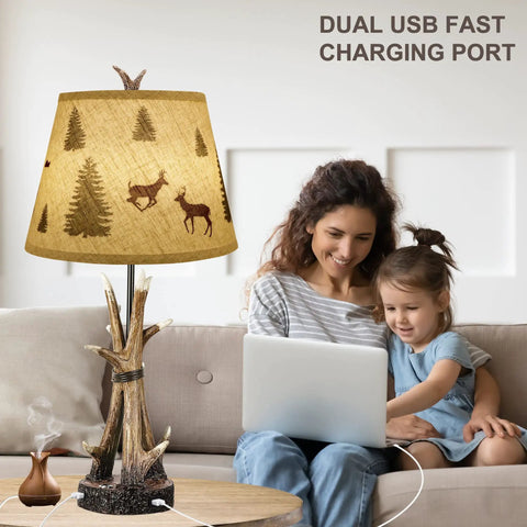 Deer Antler Table Lamps Set Of 2 3 Way Dimmable Touch Bedside Lamps For Living Room Rustic Cabin Style Nightstand Lamps