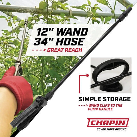 One Gallon Pump Sprayer With Translucent Tank And SureSpray Funnel Top Easy Fill Cap Adjustable Cone Nozzle And Thirty Four Inch Reach Hose shown in use with a focus on the 34-inch hose in a garden.