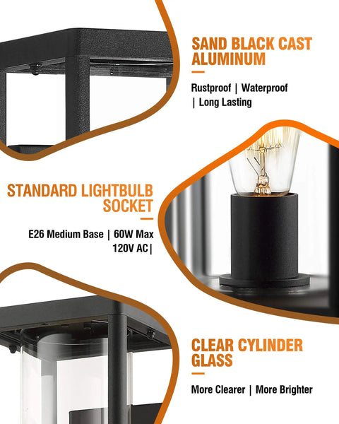 Detailed view of Dusk To Dawn Outdoor Wall Light 2 Pack with black cast aluminum, clear cylinder glass, and standard lightbulb socket.