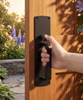Person operating Heavy Duty Thumb Latch Self Locking Gate Latch For Wooden And Vinyl Fences 9 Inch Handle in garden setting