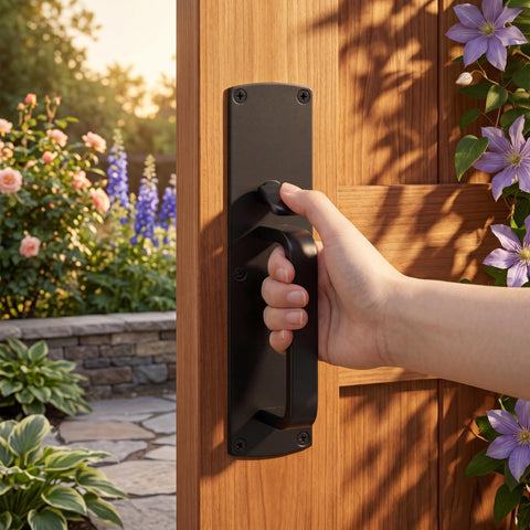 Person operating Heavy Duty Thumb Latch Self Locking Gate Latch For Wooden And Vinyl Fences 9 Inch Handle in garden setting