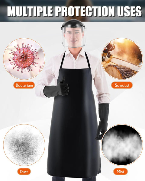 Three Piece PPE Set With Safety Face Shield 42.5 Inch Waterproof Rubber Apron And Latex Gloves For Industrial Cleaning Grinding And Chemical Work