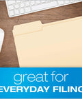 Bulk Manila File Folders 250 Pack With 3 Tabs For Easy Labeling Letter Size 8.5 By 11 on wooden desk with keyboard and mouse