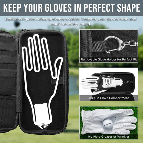 All In One Golf Glove Holder Case with glove shaper in open view, removable holder and glove compartment displayed.