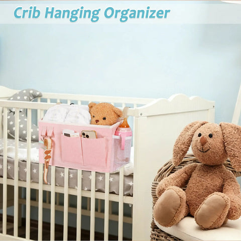 Bedside Caddy Organizer For Dorm Beds And Hospital Rails, Hanging Bed Storage Bag With Pockets And Hooks in Light Pink on crib