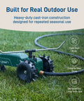 Self Propelled Traveling Sprinkler Delivers Hands Free Wide Lawn Coverage with a rugged cast iron body in garden setting