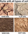 Auger drill bit set collage showing soil types for planting: hard soil, clay soil, sand soil, soft soil