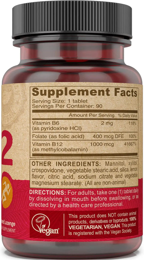 High Potency Vegan B12 Tablets With Folic Acid and B6 For Steady Energy And Brain Boost Fast Dissolving Tabs, 90 count bottle.