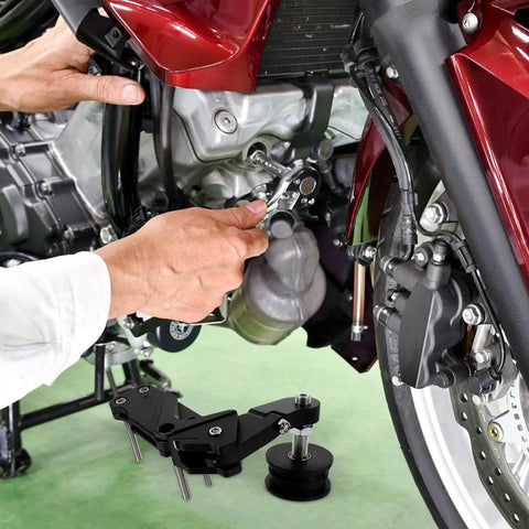 Super Smooth Ride With This Heavy Duty Motorcycle Chain Tensioner Kit Featuring Durable Aluminum Alloy Roller Guide Designed For Safe And Effortless Riding On Your Bike Today, installed on red motorcycle