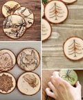 Unfinished Natural Wood Slices With Bark - 20 Pcs 3.5-4 Inch Wood Craft Kit For DIY Projects showing engraved designs on wood slices.