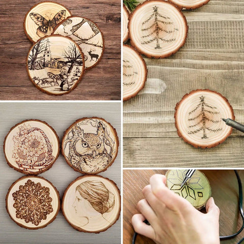 Unfinished Natural Wood Slices With Bark - 20 Pcs 3.5-4 Inch Wood Craft Kit For DIY Projects showing engraved designs on wood slices.