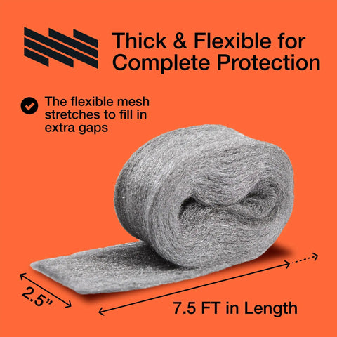 Steel Wool Pest Blocker 2 Pack For Mouse Control And Rodent Deterrent to Seal Pipe Gaps, 2.5" wide, 7.5 FT flexible roll.