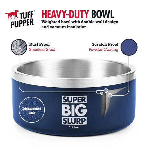 Hella Durable Double Wall Insulated Dog Bowl Made From Premium Stainless Steel Featuring A Slick Non Slip Bottom And Spill Proof Rim Design That Is Dishwasher Ready For Every Sized Pet In Cool Blue, showing double wall design and rust-proof details.