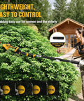 Woman using 4-In-1 Cordless Pole Hedge Trimmer With 2x3000mAh Batteries, 16 Ft Reach, 180-Degree Adjustable Head on shrubs.