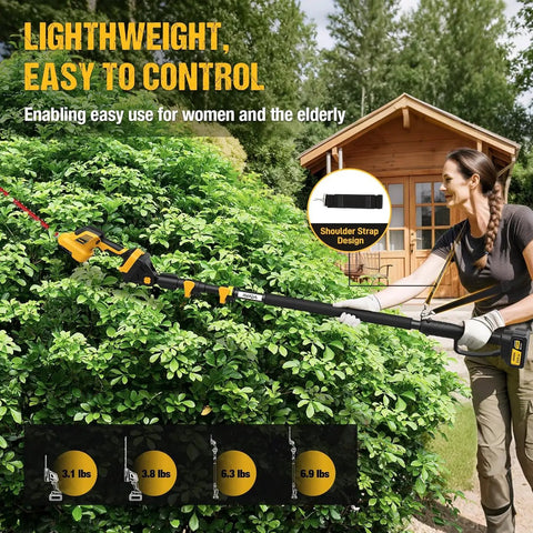 Woman using 4-In-1 Cordless Pole Hedge Trimmer With 2x3000mAh Batteries, 16 Ft Reach, 180-Degree Adjustable Head on shrubs.