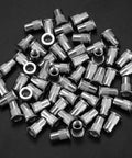 Heavy Duty M5 Rivet Nut Kit, Top Tier Stainless Steel Threaded Inserts With Knurled Grip laid out on a black background.