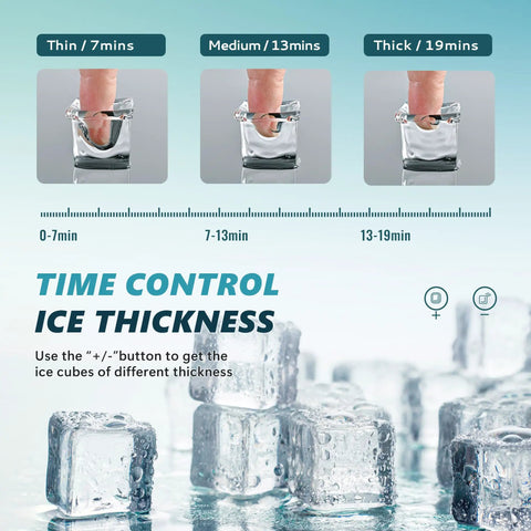 Countertop Ice Maker Machine With External Water Tank showing time control for ice thickness with thin, medium, thick options
