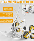 Heavy Duty Stair Climbing Dolly With Telescoping Handle And Six Rolling Wheels For Moving And Grocery Hauls Foldable Aluminum Cart showcasing tri-climbing wheel design and aluminum alloy tray.