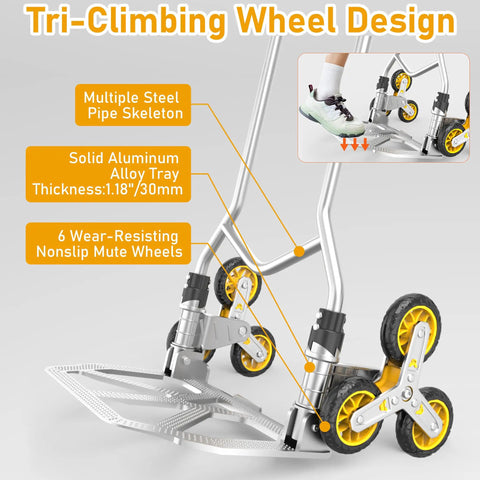 Heavy Duty Stair Climbing Dolly With Telescoping Handle And Six Rolling Wheels For Moving And Grocery Hauls Foldable Aluminum Cart showcasing tri-climbing wheel design and aluminum alloy tray.