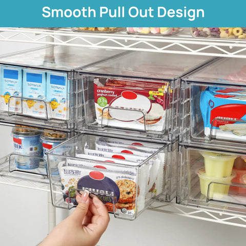 Solid 4 Pack Stackable Clear Storage Drawers With Removable Dividers To Crush Household Clutter Right Now, smooth pull-out design in use.
