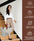 Woman using Stair Basket Organizer For Carpeted And Wooden Stairs Foldable 16L X 10W X 16H With Sturdy Handles in naturel beige