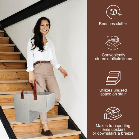 Woman using Stair Basket Organizer For Carpeted And Wooden Stairs Foldable 16L X 10W X 16H With Sturdy Handles in naturel beige
