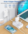 Heavy Duty Surge Protector Power Strip With Six Separated AC Outlets And Dual USB C Plus Dual USB A Ports Five Foot Extension Cord Plug And Play Design For No Fuss Multidevice Charging on desktop with a phone and laptop.