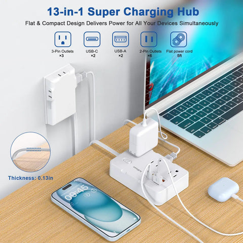 Heavy Duty Surge Protector Power Strip With Six Separated AC Outlets And Dual USB C Plus Dual USB A Ports Five Foot Extension Cord Plug And Play Design For No Fuss Multidevice Charging on desktop with a phone and laptop.