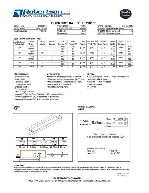 Specification sheet for Electronic Fluorescent Ballast For 1 Or 2 T8 Lamps Including F17T8 To F32T8 And F40T8, Instant Start, 120V Input