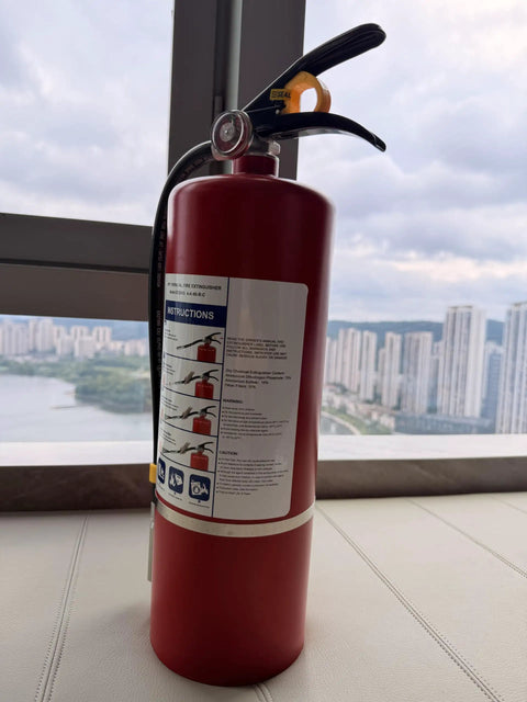 Multi Purpose ABC Dry Chemical Fire Extinguisher 2 Pack 10 Pounds Quick Release Handle Knockout Valve showing detail of handle and gauge.