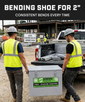 Hella Tough Steel Storage Gang Box For Electricians Measuring Twenty Two By Twenty Two By Eighteen Inches With Spring Loaded Hinges, carried by workers.