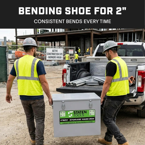 Hella Tough Steel Storage Gang Box For Electricians Measuring Twenty Two By Twenty Two By Eighteen Inches With Spring Loaded Hinges, carried by workers.