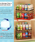 360 Degree Rotating Lazy Susan Can Organizer For Pantry Storage holds twenty six cans in a kitchen cabinet with a smooth spin design.