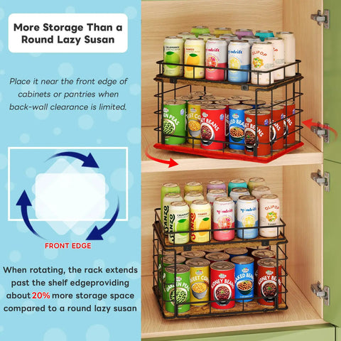 360 Degree Rotating Lazy Susan Can Organizer For Pantry Storage holds twenty six cans in a kitchen cabinet with a smooth spin design.