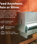 Heavy Duty Galvanized Trough Chicken Feeder Gravity Fed 10 Lbs Capacity With Removable Rain Hood for outdoor coop with rain protection.