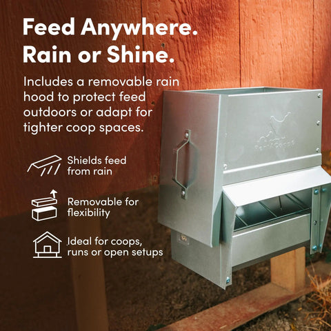 Heavy Duty Galvanized Trough Chicken Feeder Gravity Fed 10 Lbs Capacity With Removable Rain Hood for outdoor coop with rain protection.