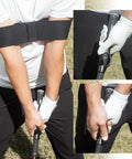 Golf Swing Trainer Aid With Grip Trainer Attachment And Arm Band For Swing Correction game in use by golfer