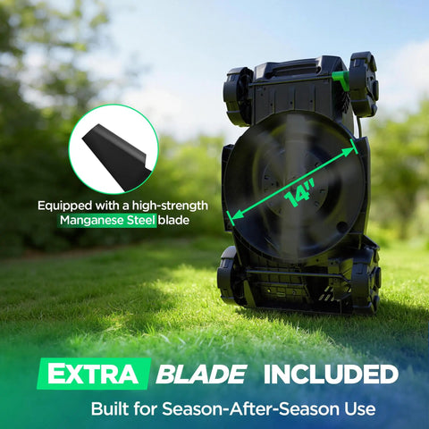 Lightweight 14 Inch Cordless Lawn Mower With 20V Power And 5Ah Battery, blade underside with 14-inch manganese steel blade