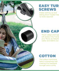 Woman relaxing in Double Camping Hammock With Steel Stand And Carrying Bag Adjustable Height Ultra Soft Cotton Blend 550 Pound Capacity Indoor And Outdoor Portable Hammock Chill Anywhere, with close-ups of easy turn screws and end caps.