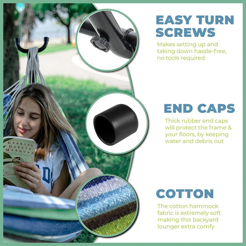 Woman relaxing in Double Camping Hammock With Steel Stand And Carrying Bag Adjustable Height Ultra Soft Cotton Blend 550 Pound Capacity Indoor And Outdoor Portable Hammock Chill Anywhere, with close-ups of easy turn screws and end caps.
