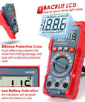 Handy Digital Multimeter M2K0R with Auto Ranging DC and AC Voltmeter, red case, backlit LCD display, and low battery indicator