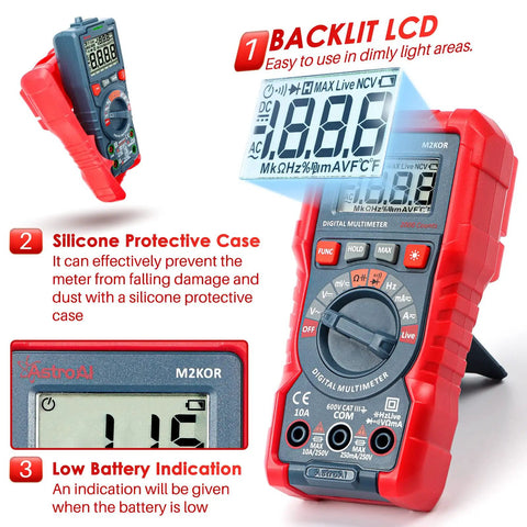 Handy Digital Multimeter M2K0R with Auto Ranging DC and AC Voltmeter, red case, backlit LCD display, and low battery indicator