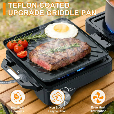 Steak and eggs on griddle of Two Burner Camping Stove With 24000 BTU Total Heat, Foldable Propane Stove Includes Carry Bag, Windscreen And Griddle.