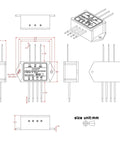 Technical diagram of Forward and Reverse Relay Module for Motor and Linear Actuator, illustrating dimensions and components layout.
